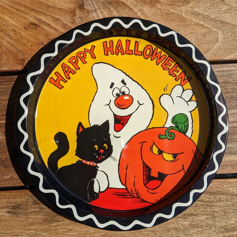 Vintage Halloween metal tray r Cole round platter ghost black cat jack o…